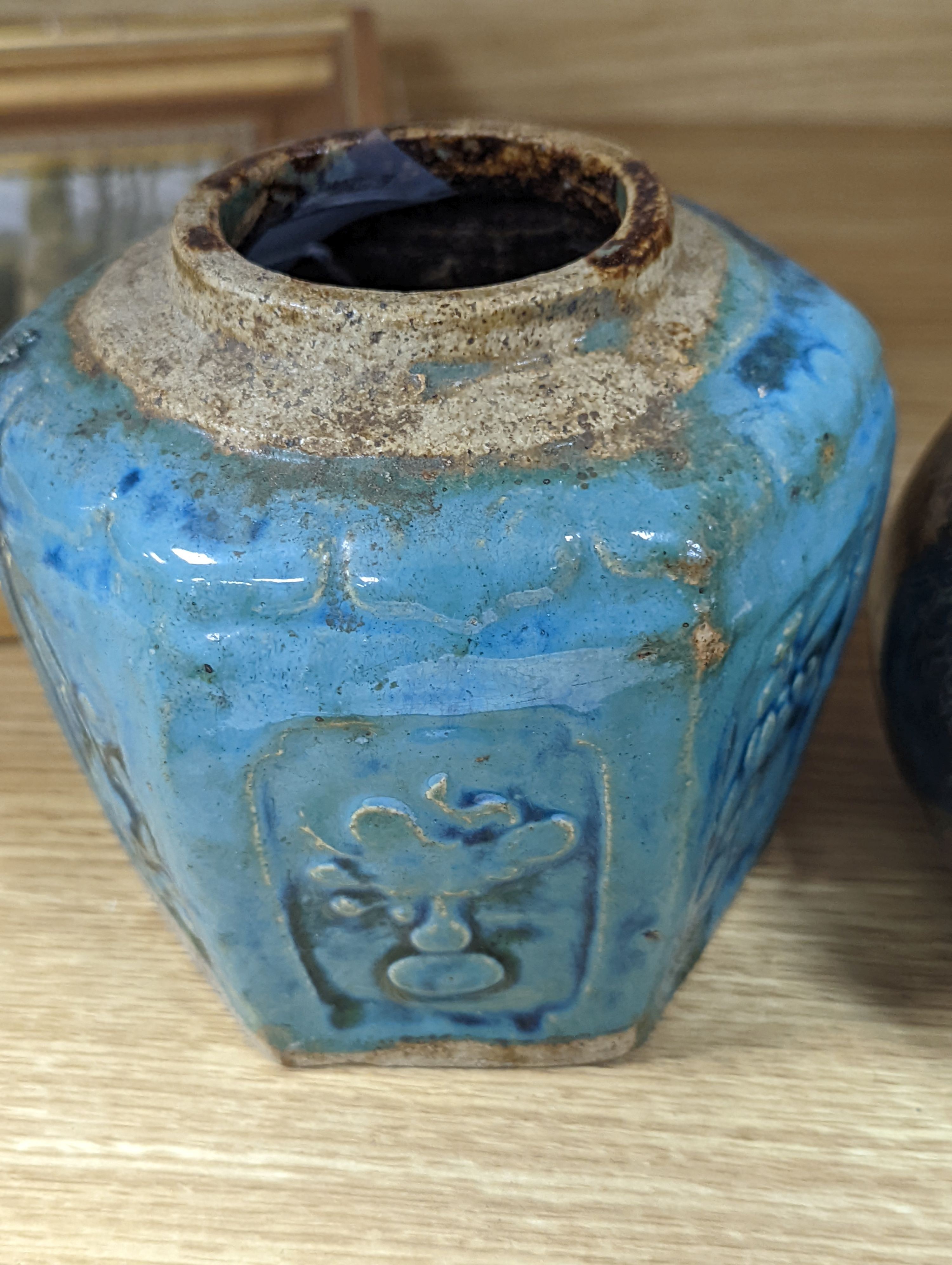 Two Chinese bronze handwarmers and a turquoise glazed jar